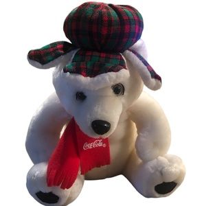 2002 Coca Cola Polar Bear Plush With Plaid Hat And Scarf 13” Tall